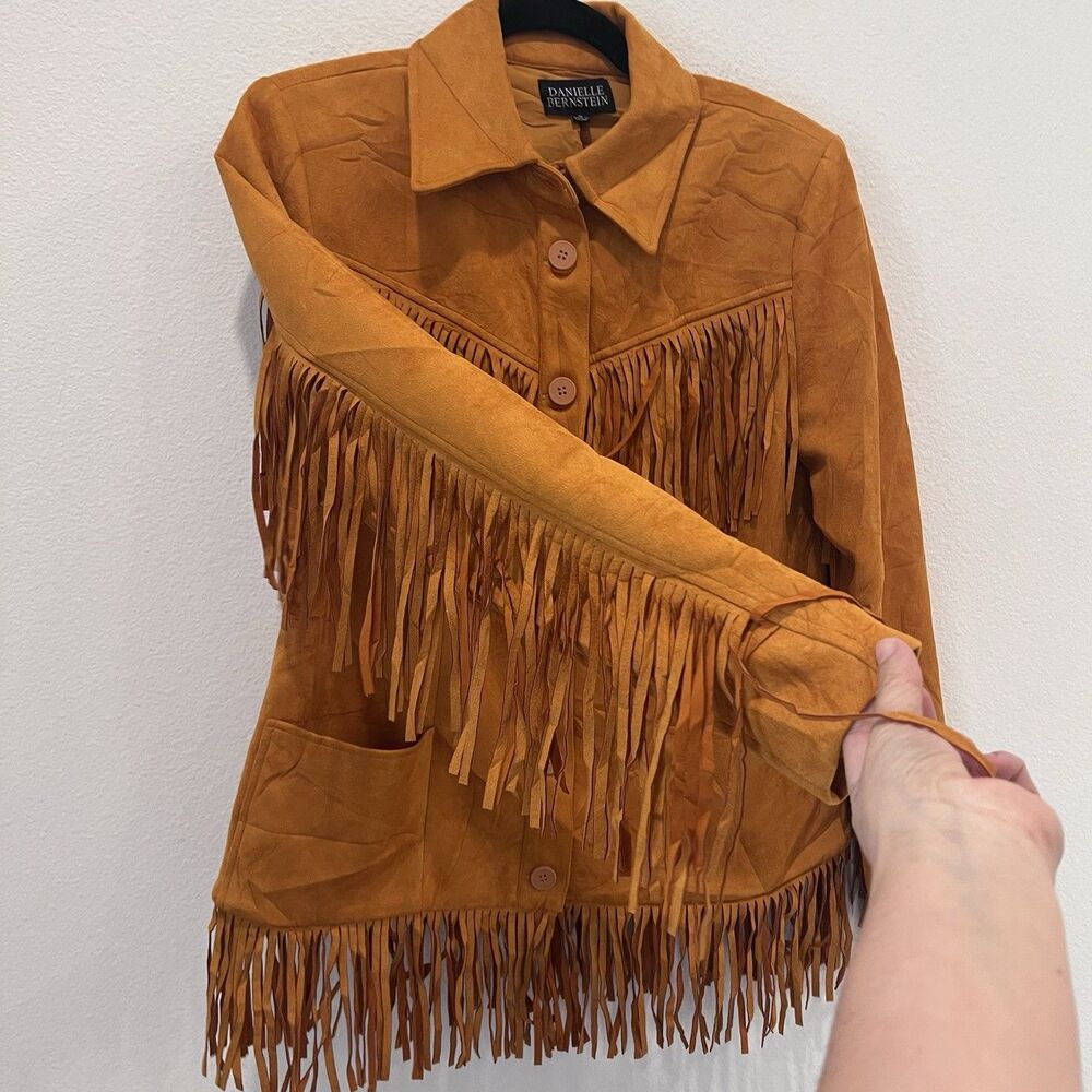 Danielle Bernstein Womens Jacket Faux Suede Fringe Button Down Western Coat Sz S - Picture 5 of 11